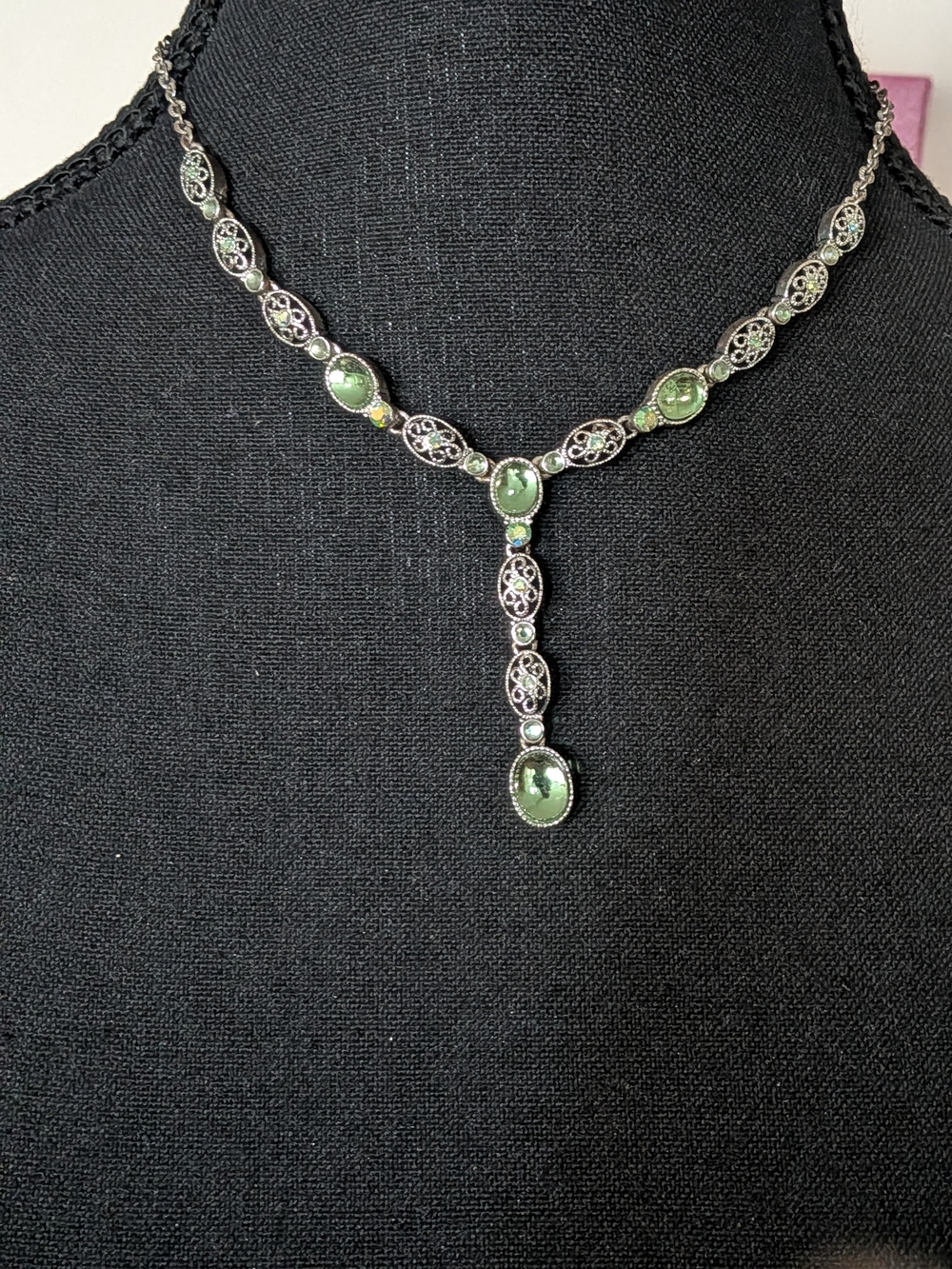 Avon Silver-Tone Necklace with Green Cabochons